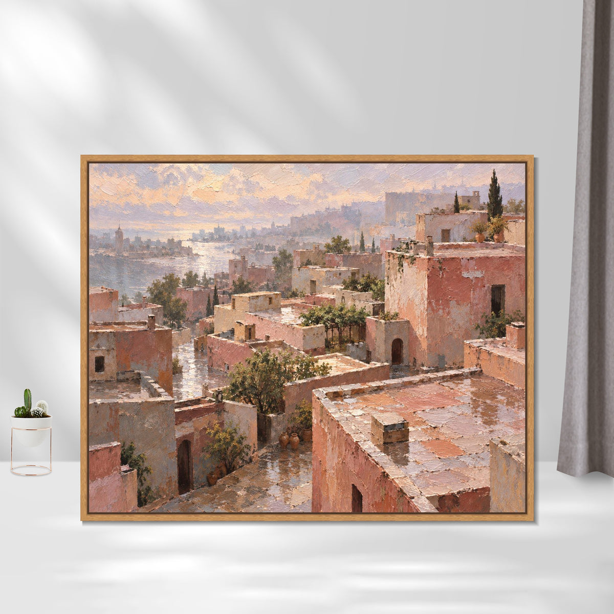 INVIN ART Framed Canvas 100% Handpainted Oil Painting Pink Rooftops Above the Sea Wall Art