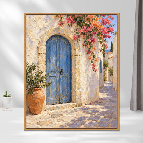 INVIN ART Framed Canvas 100% Handpainted Oil Painting Blue Door Beneath Blossoms Wall Art