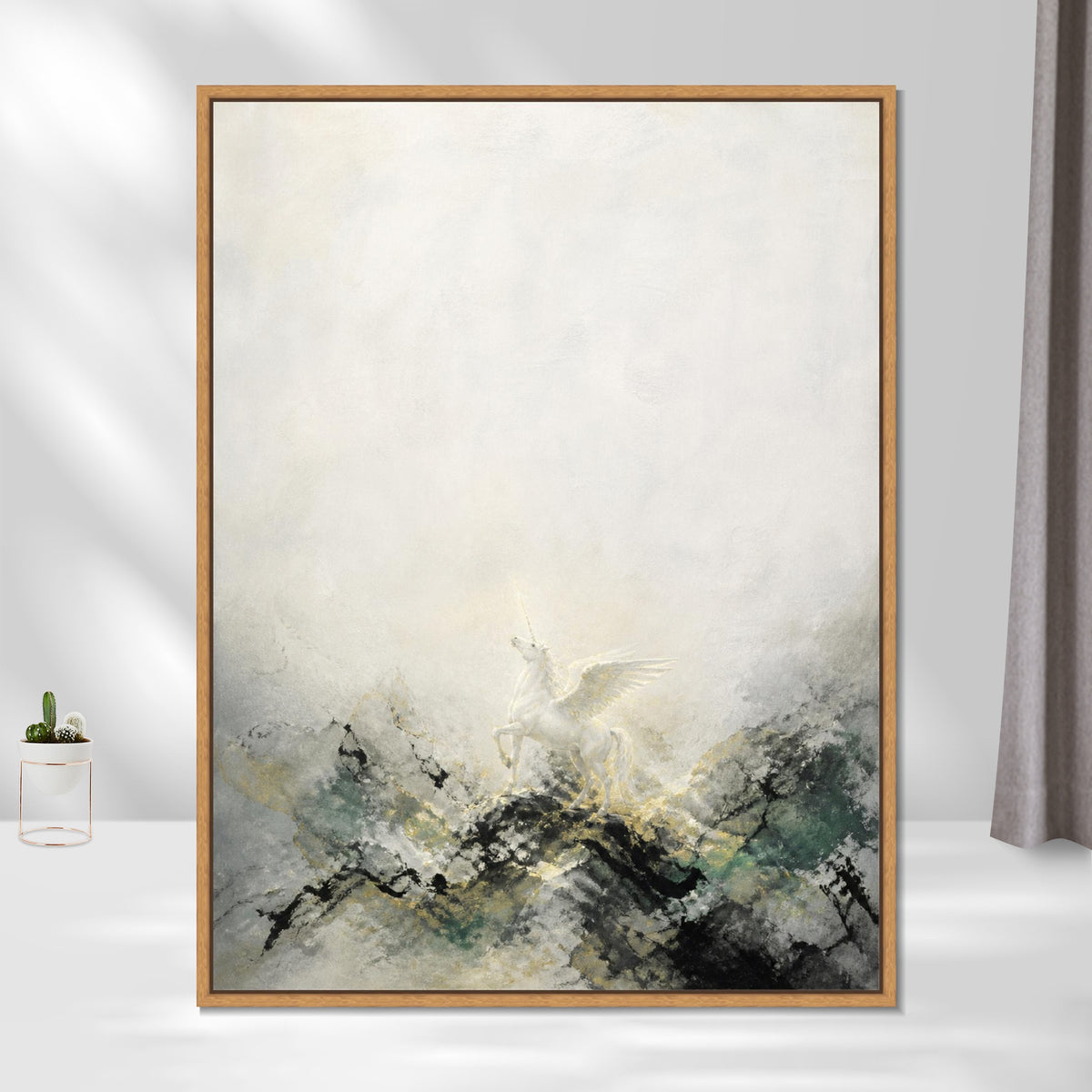 INVIN ART Framed Canvas 100% Handpainted Oil Painting Winged Unicorn Above Misty Hills Wall Art