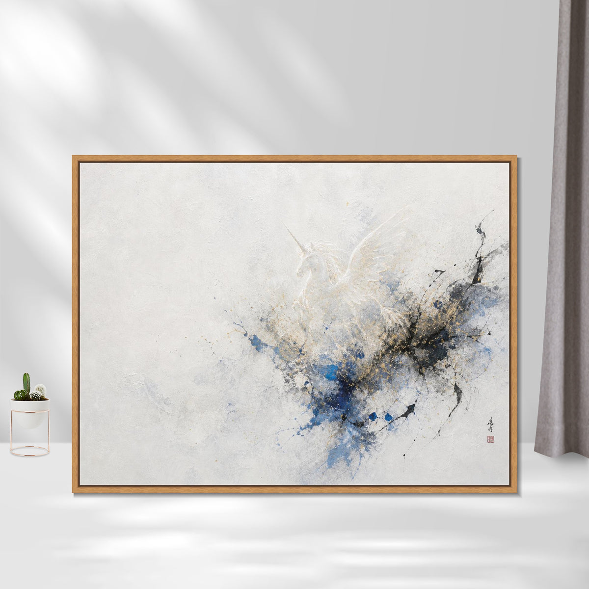 INVIN ART Framed Canvas 100% Handpainted Oil Painting Unicorn in Blue and Gold Mist Wall Art