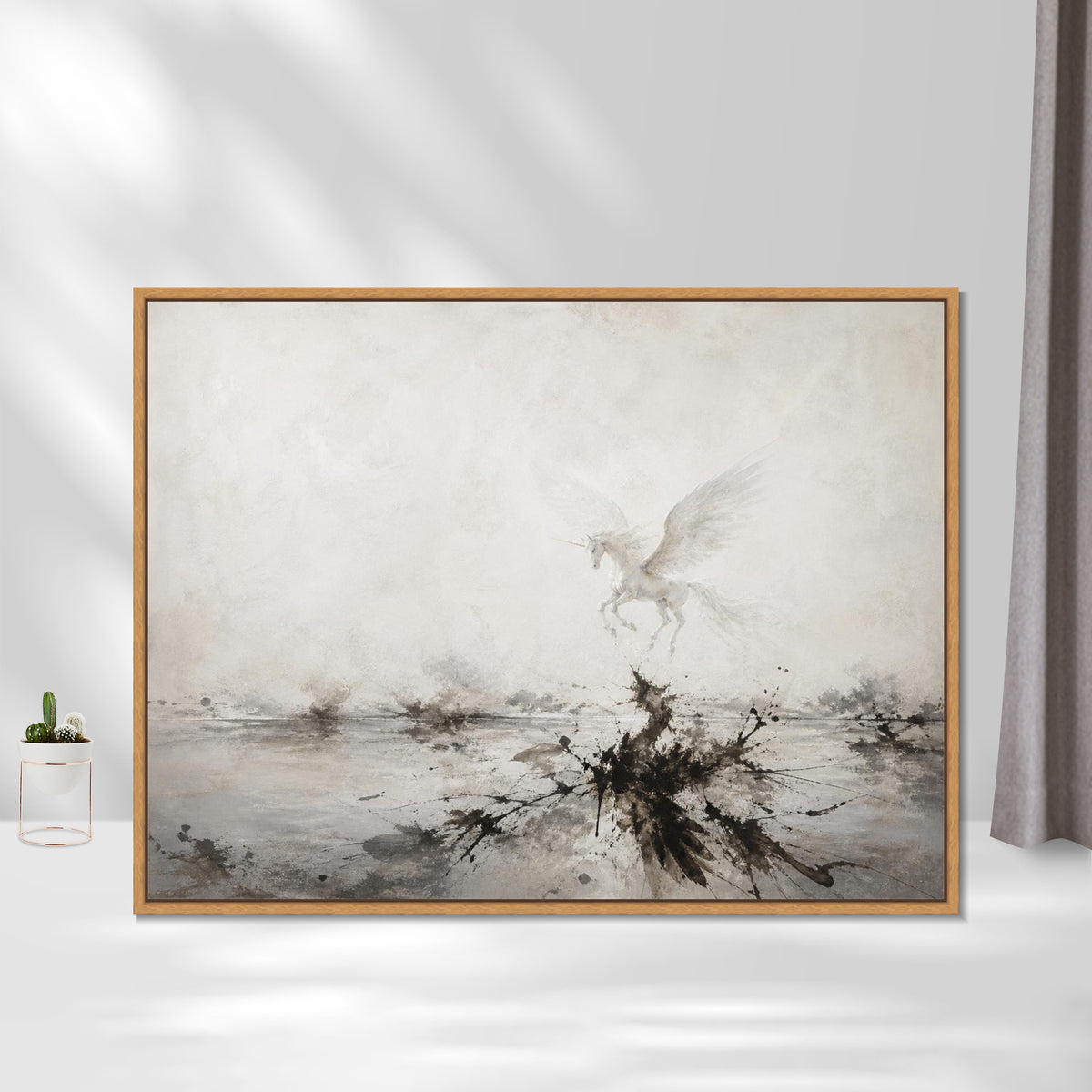 INVIN ART Framed Canvas 100% Handpainted Oil Painting Unicorn Above Misty Waters Wall Art