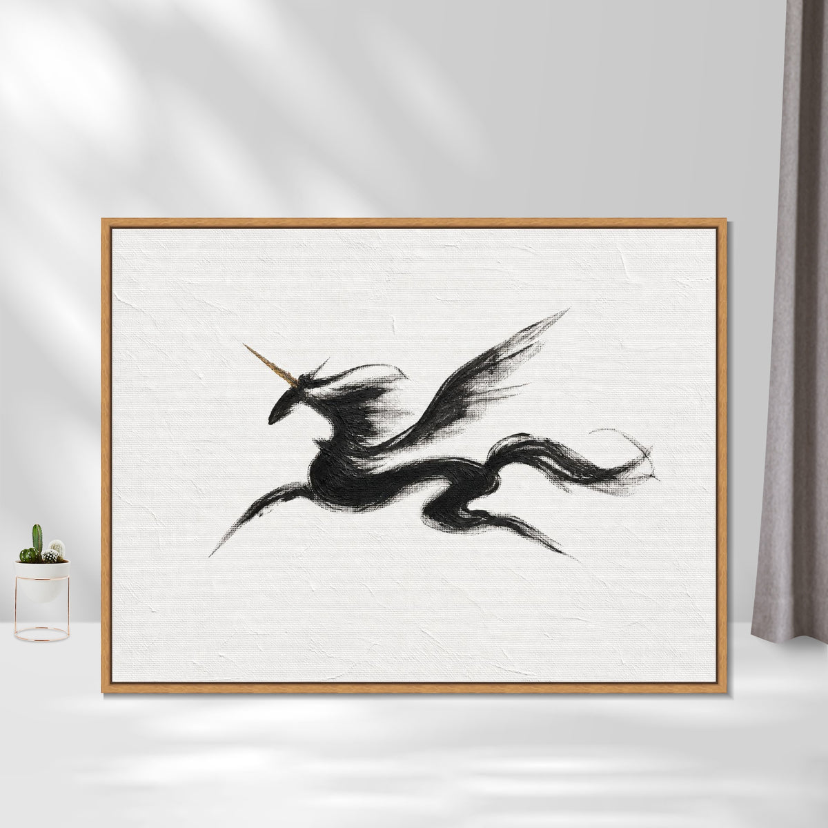 INVIN ART Framed Canvas 100% Handpainted Oil Painting Unicorn in Sweeping Black Lines Wall Art