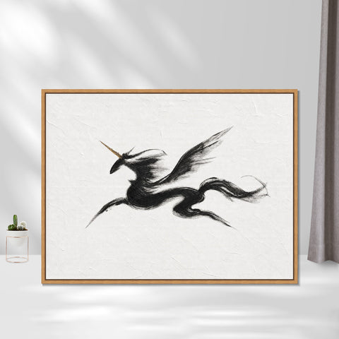 INVIN ART Framed Canvas 100% Handpainted Oil Painting Unicorn in Sweeping Black Lines Wall Art