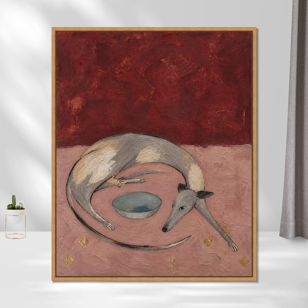 INVIN ART Framed Canvas 100% Handpainted Oil Painting Resting Dog and the Bowl Wall Art