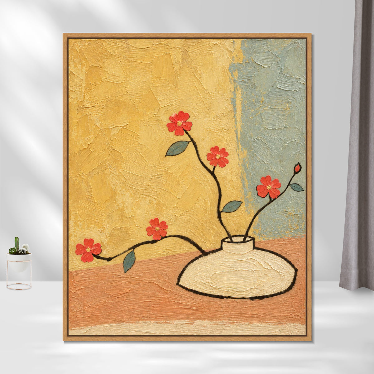 INVIN ART Framed Canvas 100% Handpainted Oil Painting Red Flowers Against Yellow Wall Art
