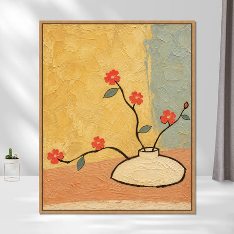 INVIN ART Framed Canvas 100% Handpainted Oil Painting Red Flowers Against Yellow Wall Art