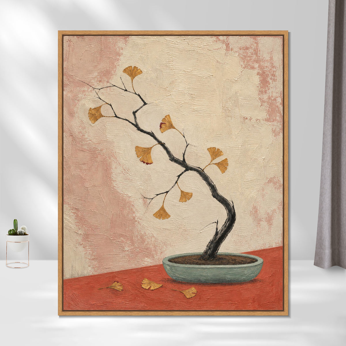 INVIN ART Framed Canvas 100% Handpainted Oil Painting Ginkgo Branch in a Shallow Pot Wall Art