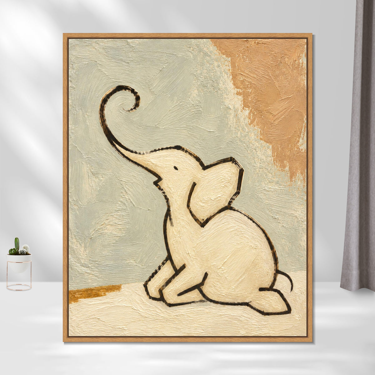 INVIN ART Framed Canvas 100% Handpainted Oil Painting Elephant with a Raised Trunk Wall Art