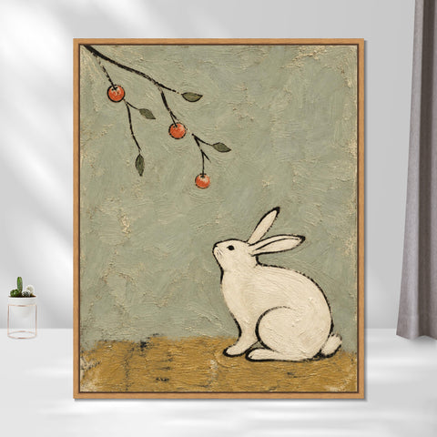 INVIN ART Framed Canvas 100% Handpainted Oil Painting Rabbit Beneath the Fruit Branch Wall Art