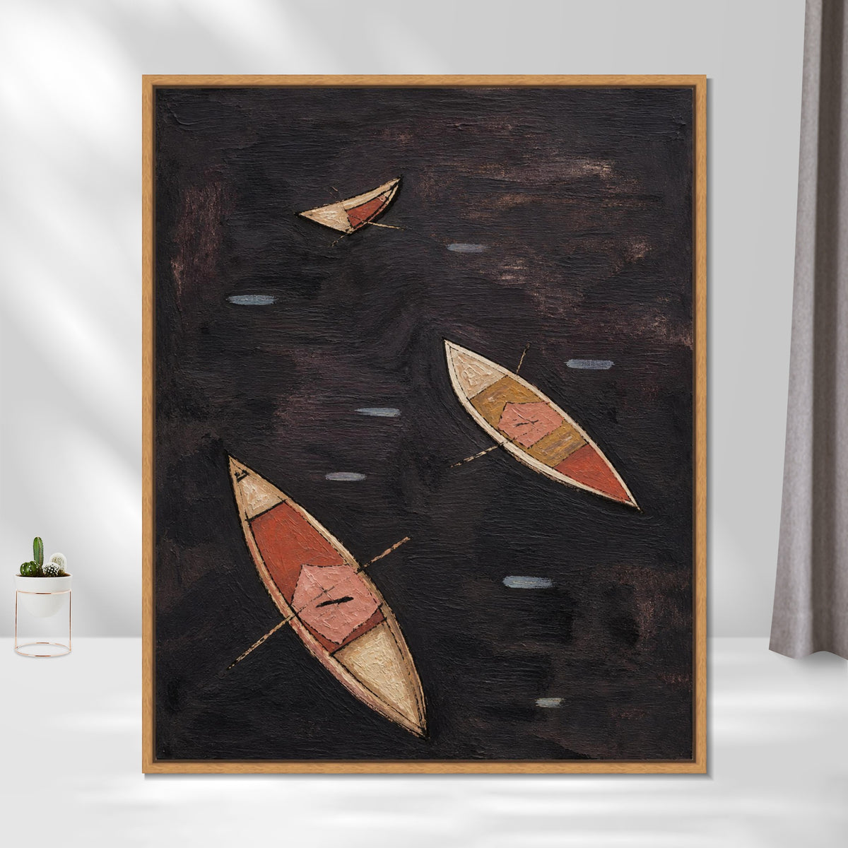 INVIN ART Framed Canvas 100% Handpainted Oil Painting Three Boats on Dark Water Wall Art