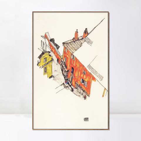 INVIN ART Framed Canvas Giclee Print House by Egon Schiele Wall Art Living Room Home Office Decorations