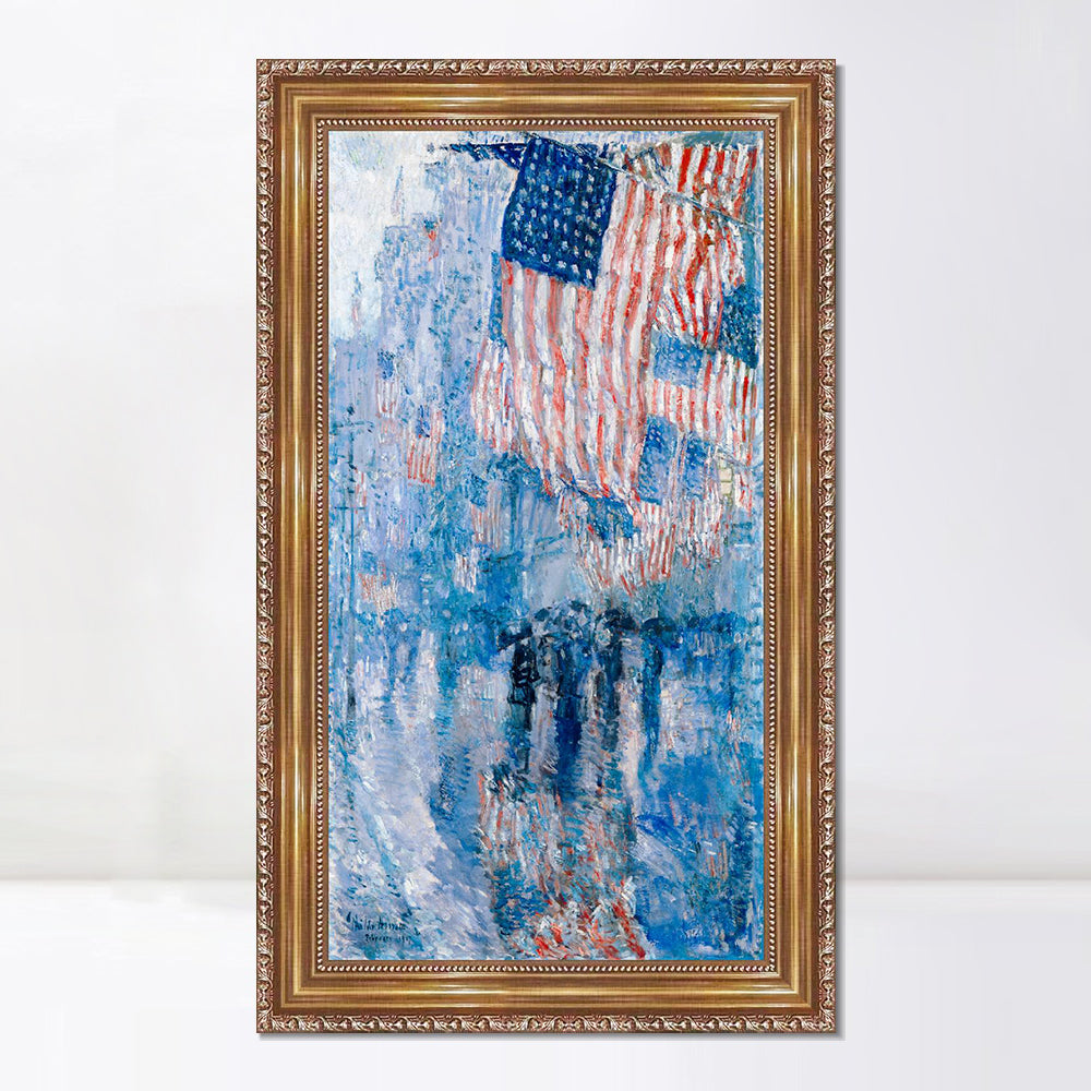 INVIN ART Framed Canvas Giclee Print Art The Avenue in The Rain, 1917 by Frederick Childe Hassam Wall Art (Embossed Gold Frame,22"x40")