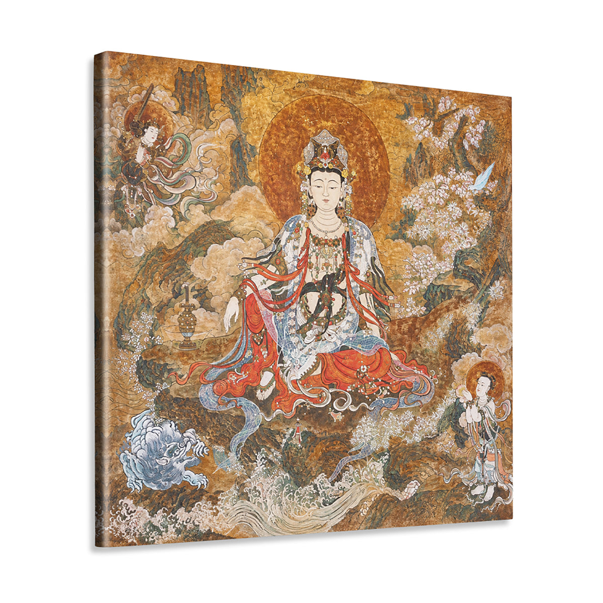 INVIN ART Framed Canvas 100% Handpainted Oil Painting Guanyin Among Blossoms Wall Art