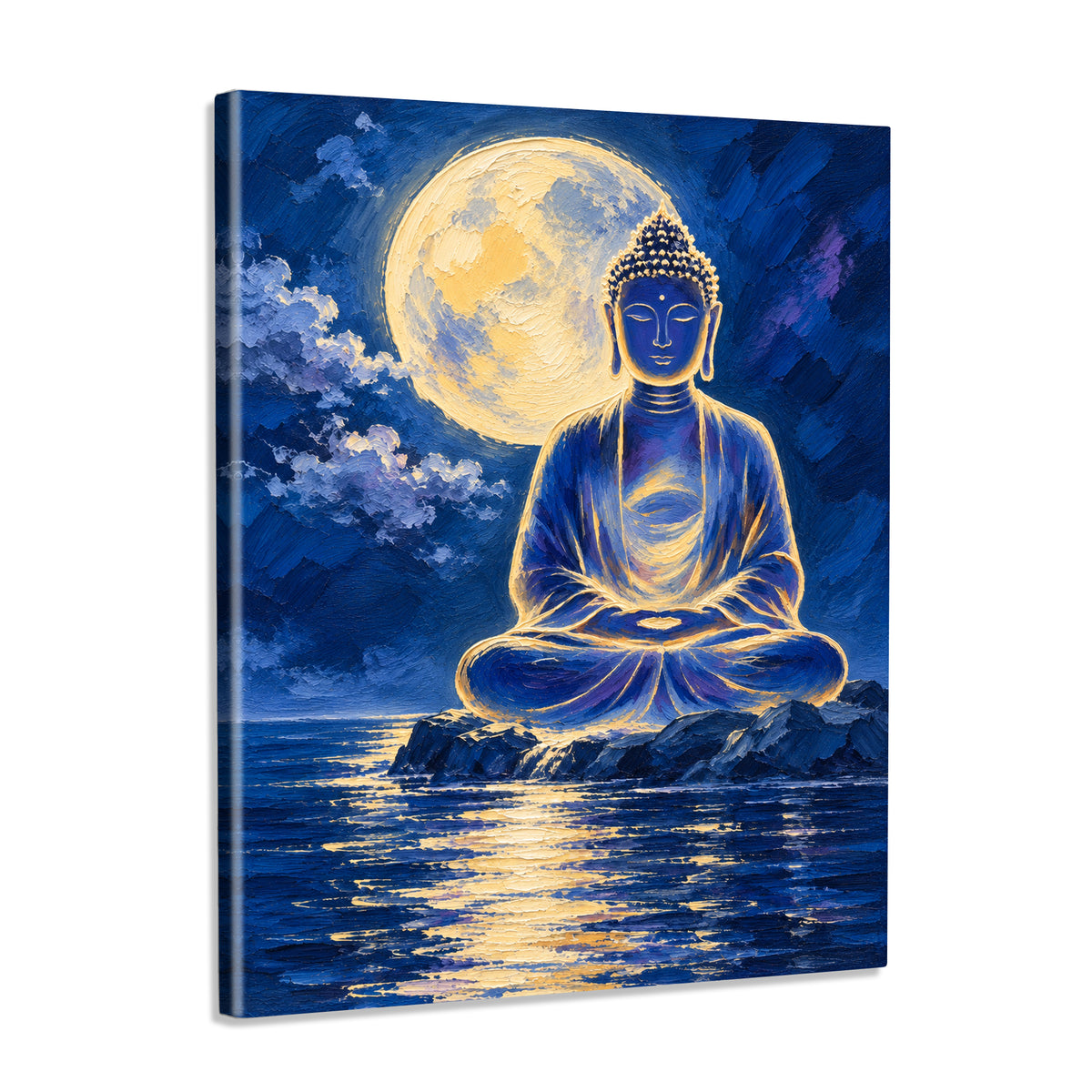 INVIN ART Framed Canvas 100% Handpainted Oil Painting Buddha Beneath the Full Moon Wall Art