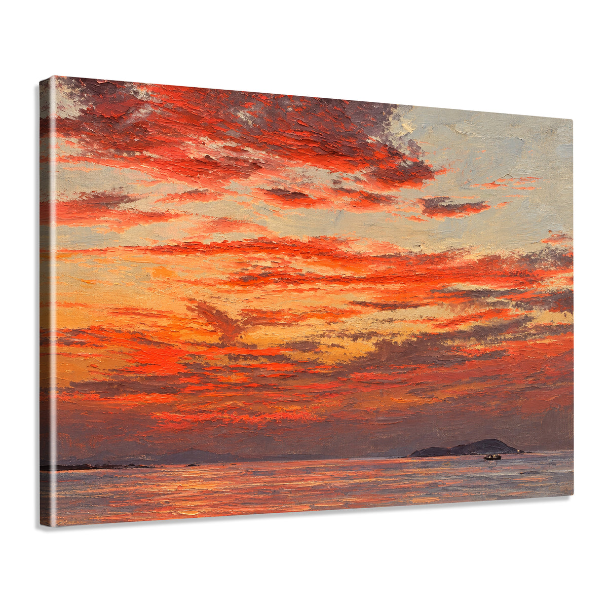 INVIN ART Framed Canvas 100% Handpainted Oil Painting Crimson Evening Over the Sea Wall Art