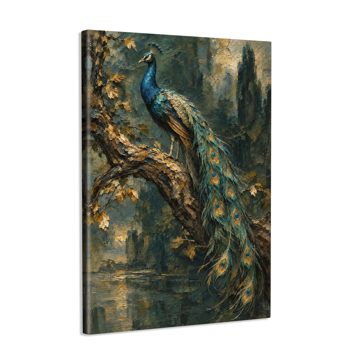 INVIN ART Framed Canvas 100% Handpainted Oil Painting Peacock on a Woodland Branch Wall Art