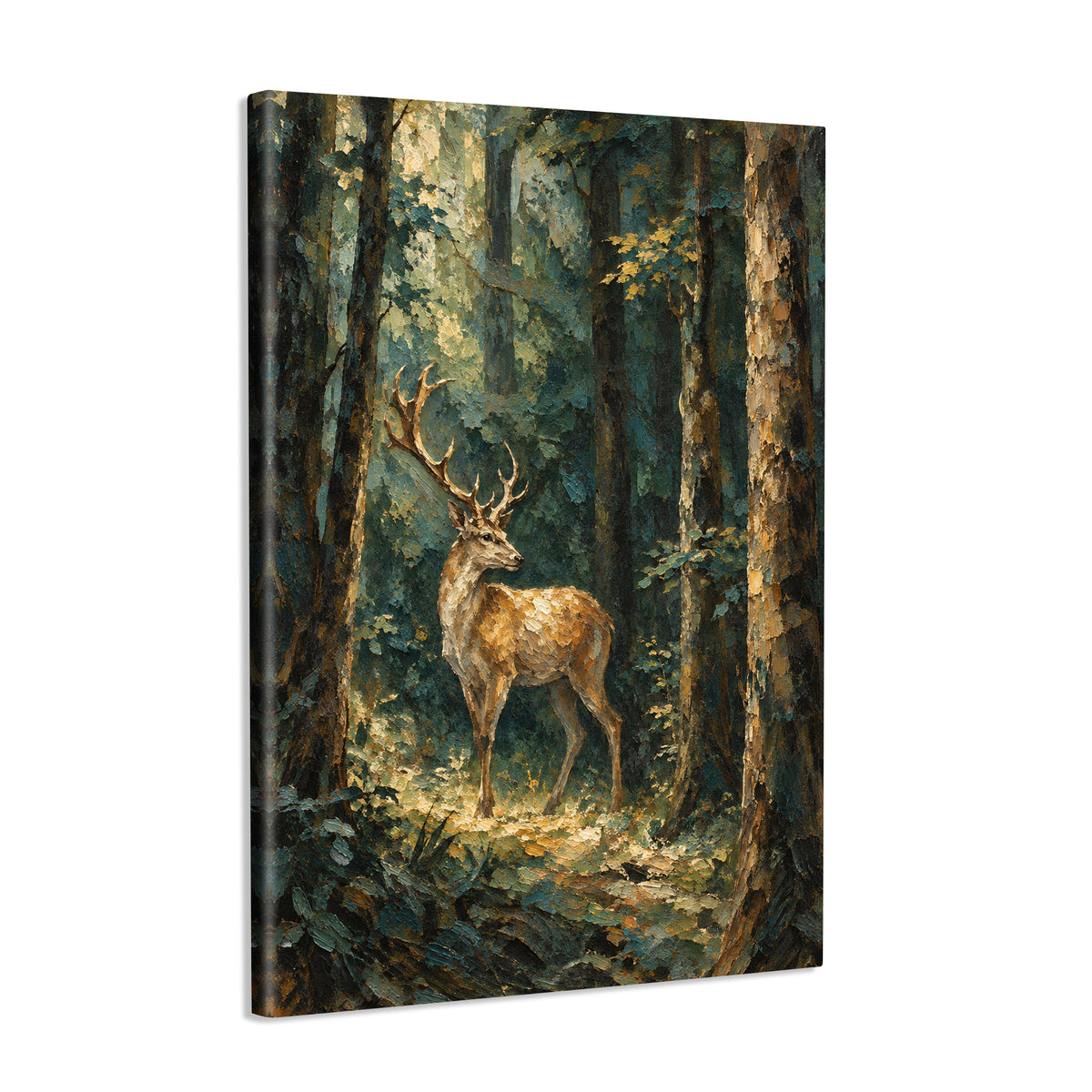 INVIN ART Framed Canvas 100% Handpainted Oil Painting Stag in the Forest Light Wall Art