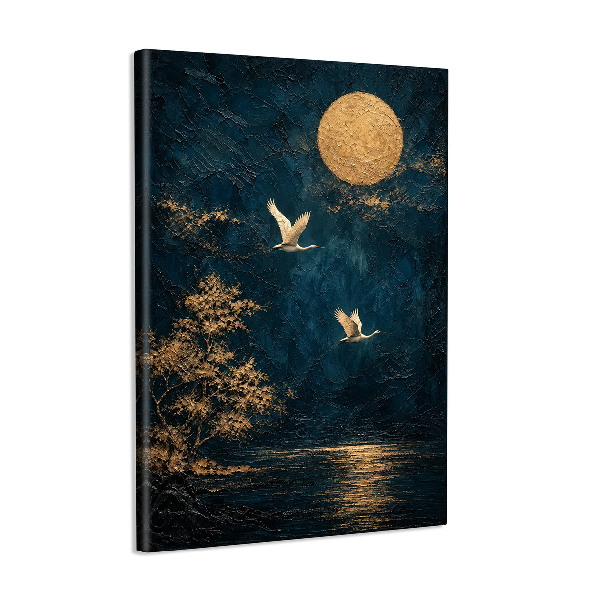 INVIN ART Framed Canvas 100% Handpainted Oil Painting Two Birds Beneath a Golden Moon Wall Art