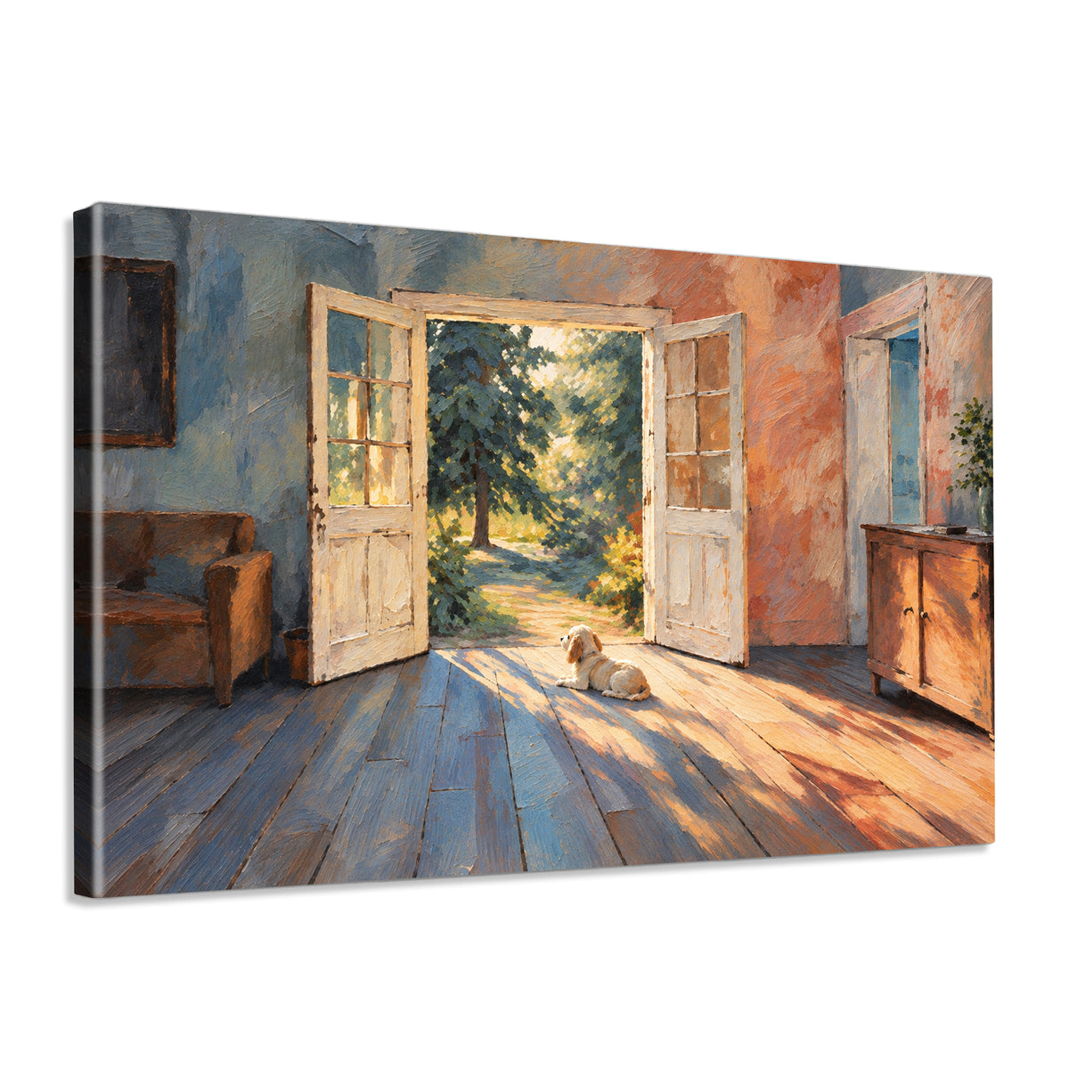INVIN ART Framed Canvas 100% Handpainted Oil Painting Little Dog in the Doorway Light Wall Art