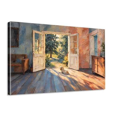 INVIN ART Framed Canvas 100% Handpainted Oil Painting Little Dog in the Doorway Light Wall Art