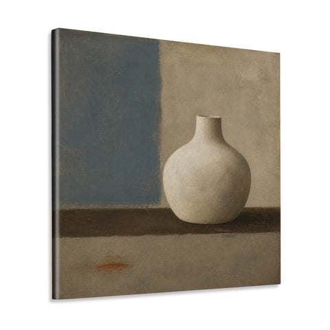 INVIN ART Framed Canvas 100% Handpainted Oil Painting Pale Vase Against Blue Wall Art