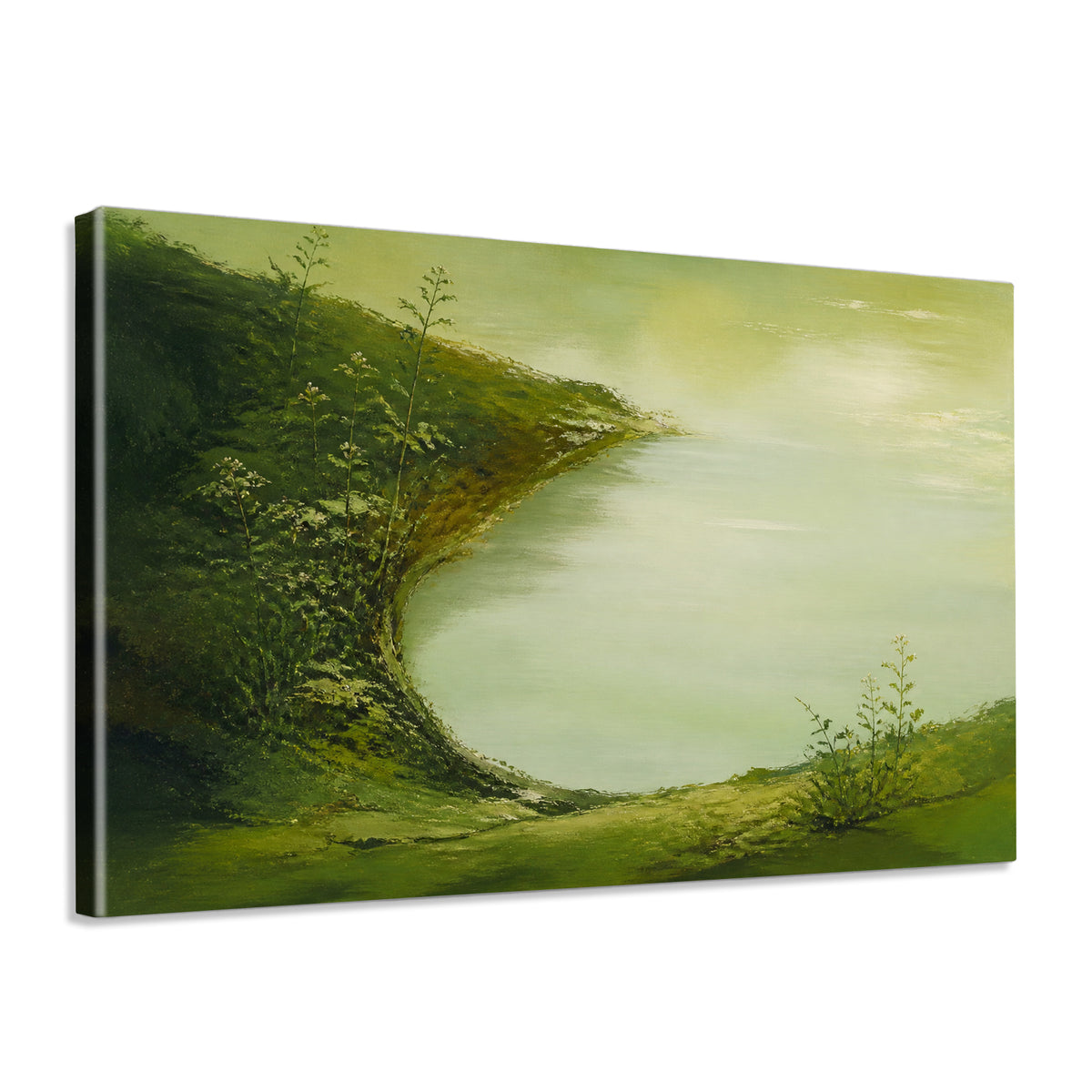 INVIN ART Framed Canvas 100% Handpainted Oil Painting Green Shore and Lake Cove Wall Art