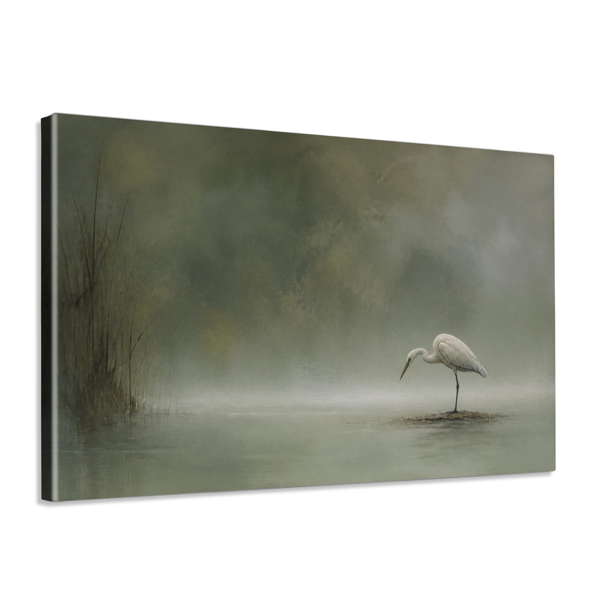INVIN ART Framed Canvas 100% Handpainted Oil Painting Heron in Misty Water Wall Art