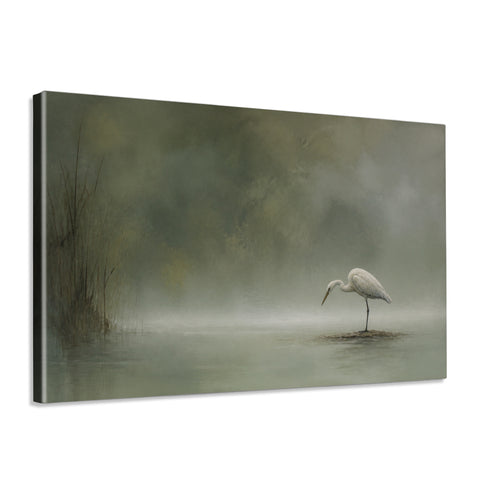 INVIN ART Framed Canvas 100% Handpainted Oil Painting Heron in Mist Minimal Bird Landscape Wall Art
