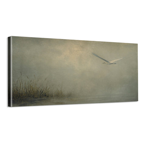 INVIN ART Framed Canvas 100% Handpainted Oil Painting Bird Above the Reed Shore Wall Art
