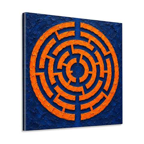 INVIN ART Framed Canvas 100% Handpainted Oil Painting Orange Maze on Indigo Wall Art