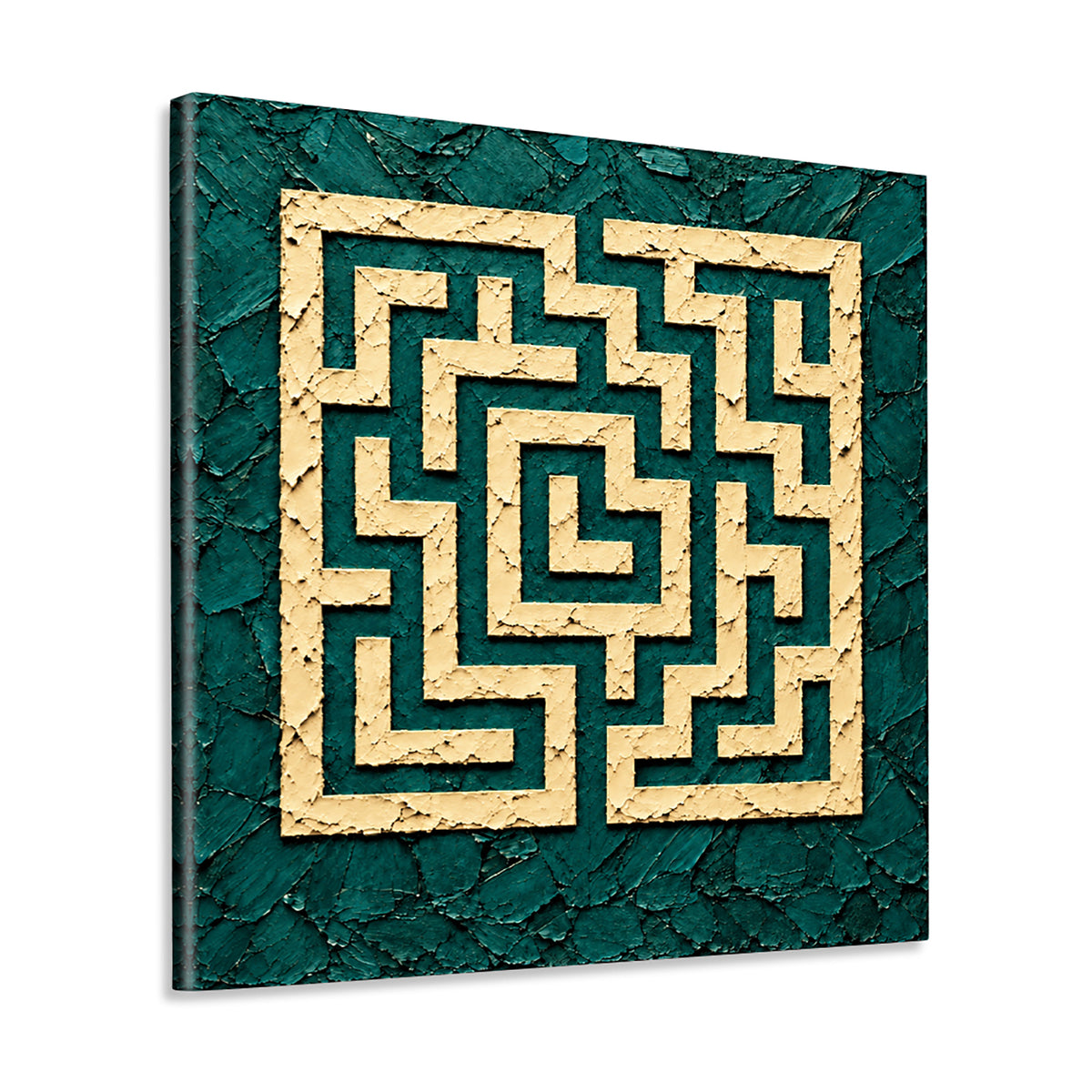 INVIN ART Framed Canvas 100% Handpainted Oil Painting Ivory Maze on Teal Wall Art