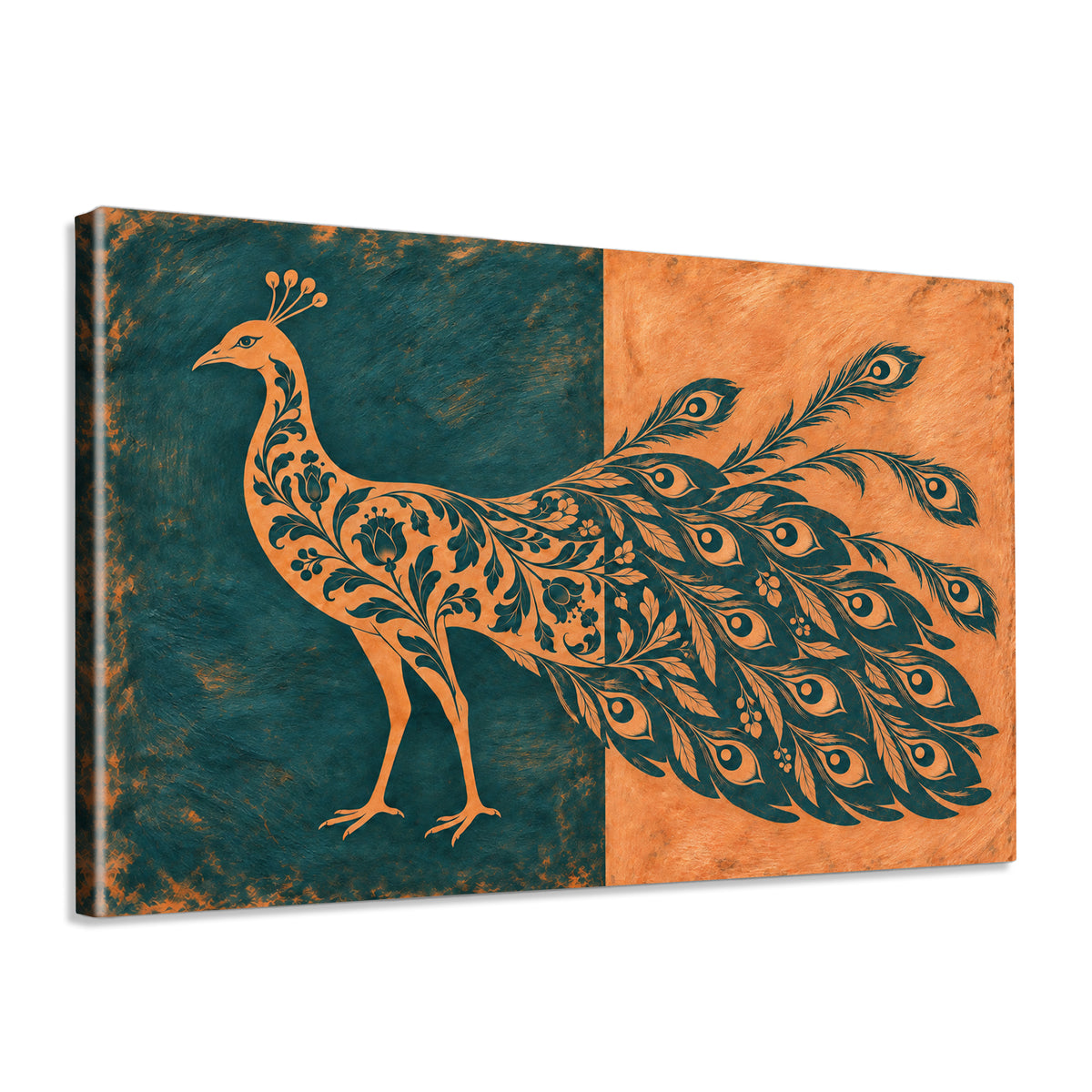 INVIN ART Framed Canvas 100% Handpainted Oil Painting Teal and Peach Peacock Wall Art