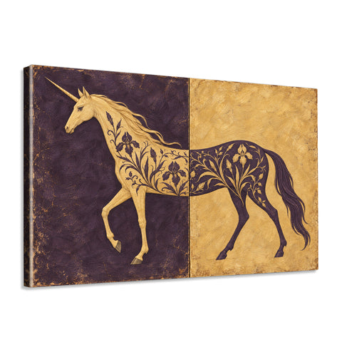 INVIN ART Framed Canvas 100% Handpainted Oil Painting Unicorn in Plum and Gold Wall Art
