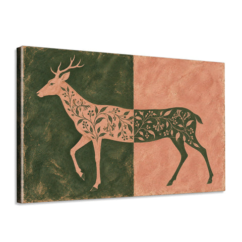 INVIN ART Framed Canvas 100% Handpainted Oil Painting Deer in Moss and Coral Wall Art