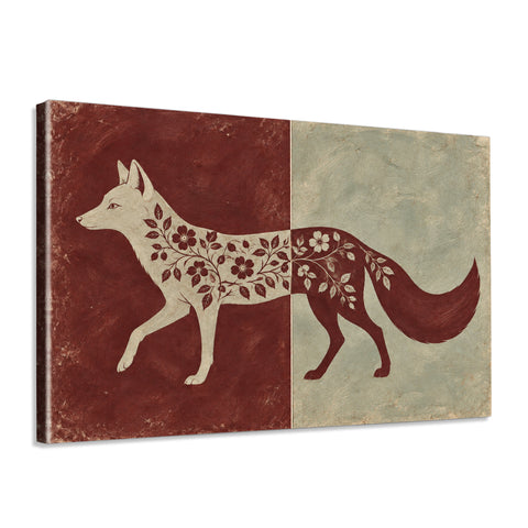 INVIN ART Framed Canvas 100% Handpainted Oil Painting Fox in Burgundy and Celadon Wall Art