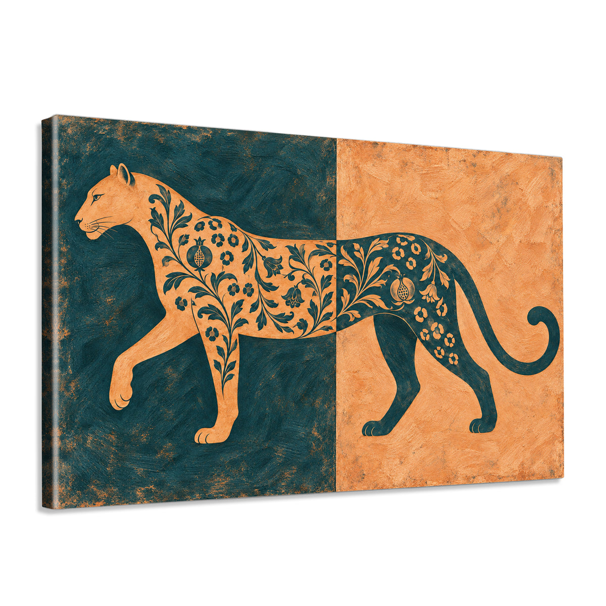 INVIN ART Framed Canvas 100% Handpainted Oil Painting Leopard in Teal and Peach Wall Art
