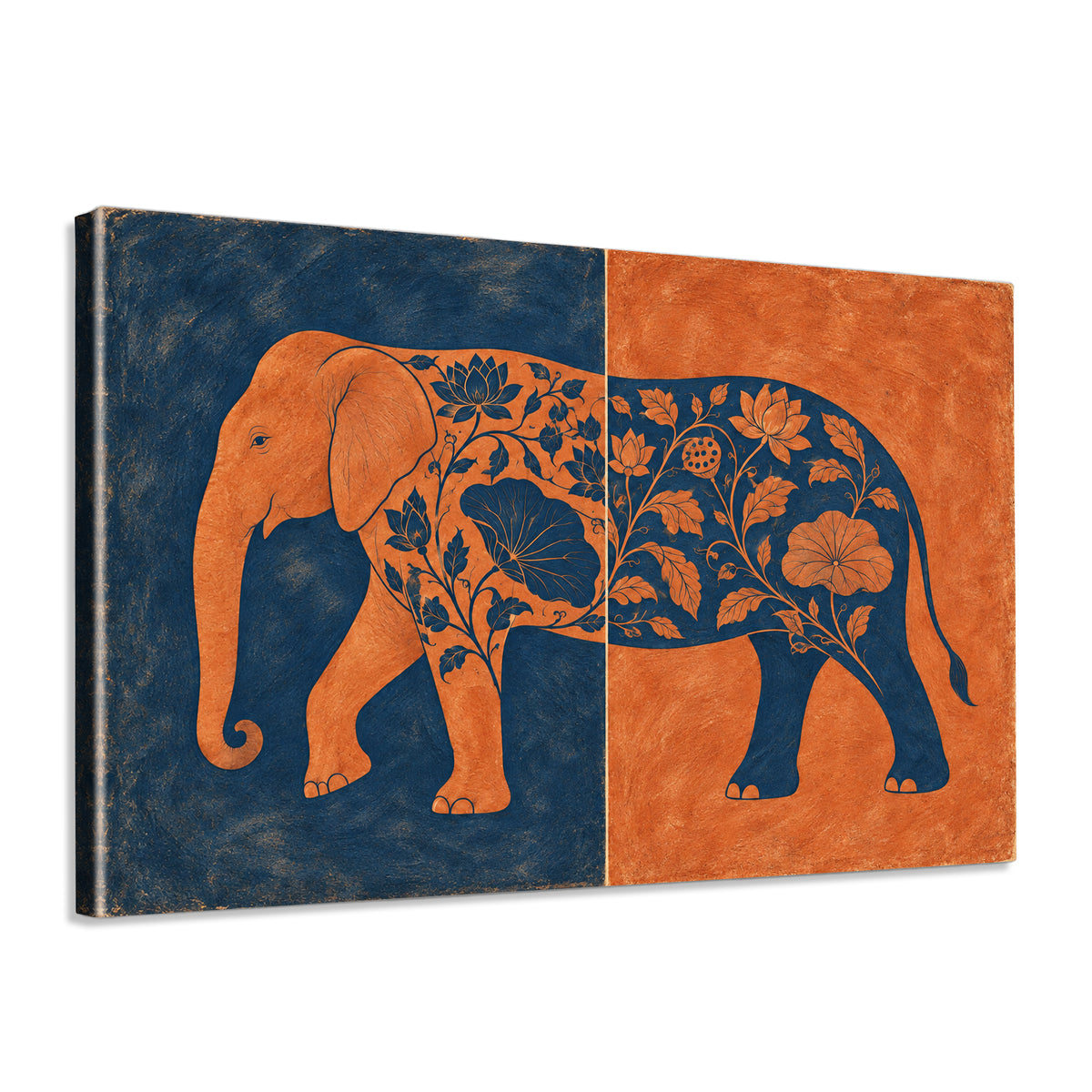 INVIN ART Framed Canvas 100% Handpainted Oil Painting Elephant in Indigo and Coral Wall Art