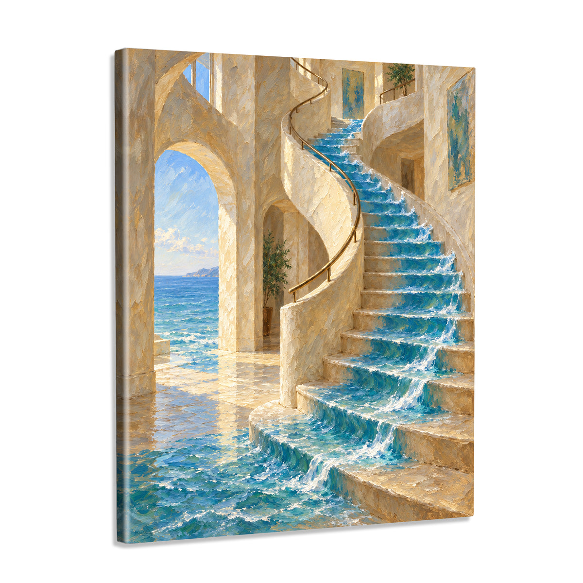 INVIN ART Framed Canvas 100% Handpainted Oil Painting The Sea on the Staircase Wall Art