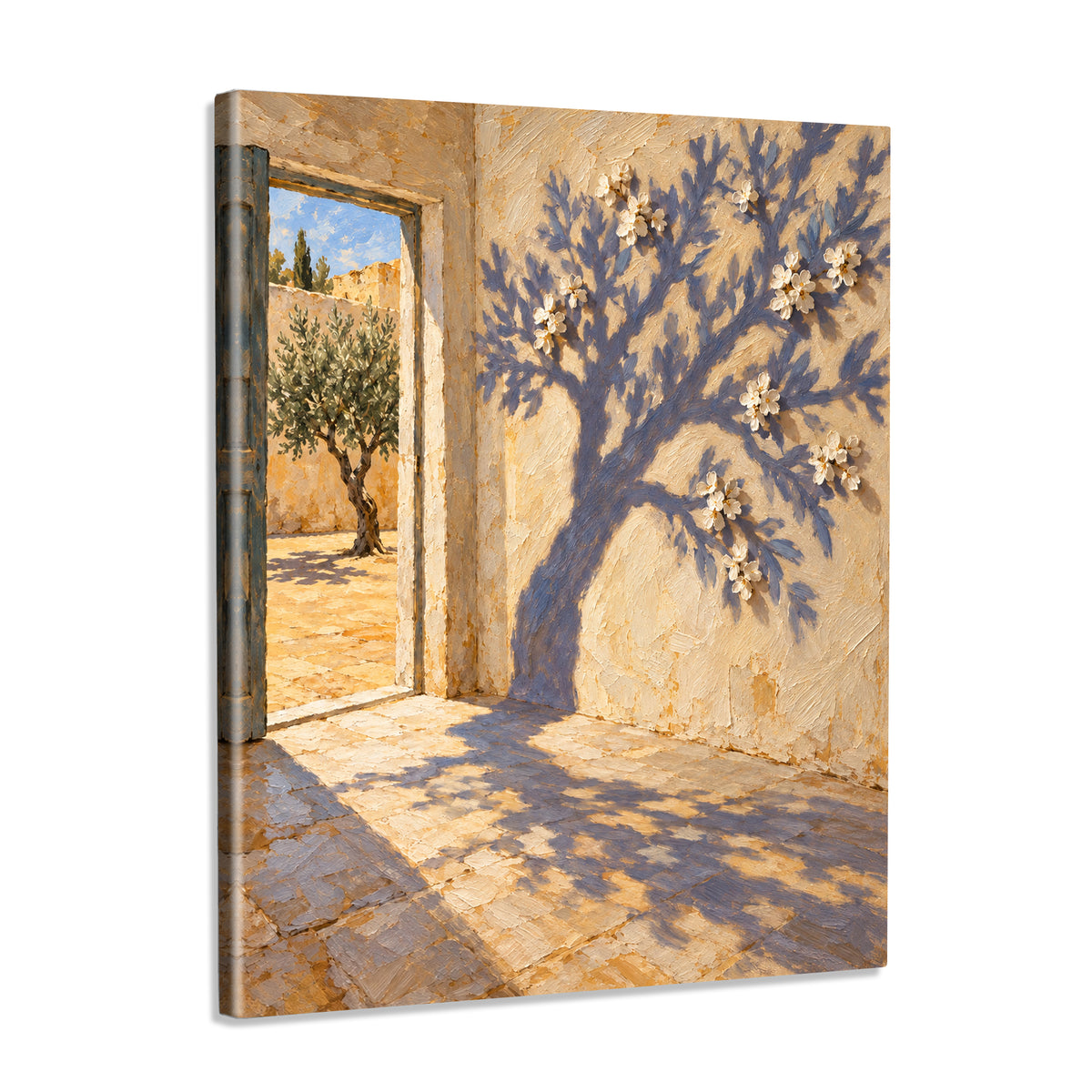INVIN ART Framed Canvas 100% Handpainted Oil Painting A Flowering Shadow by the Door Wall Art