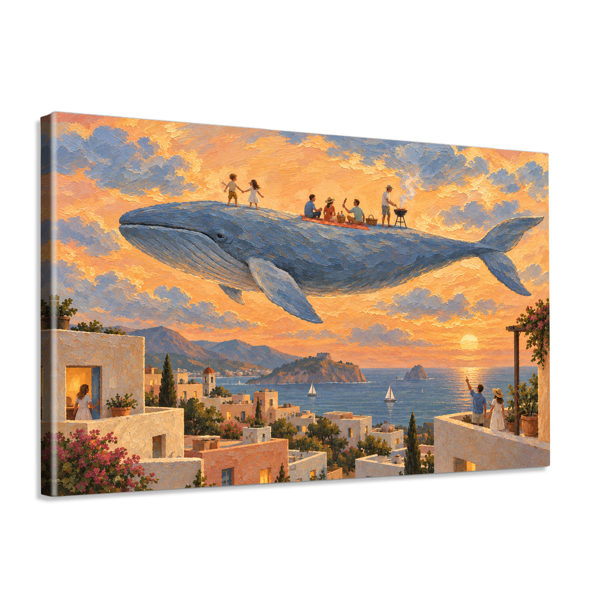 INVIN ART Framed Canvas 100% Handpainted Oil Painting Gathering on the Flying Whale Wall Art