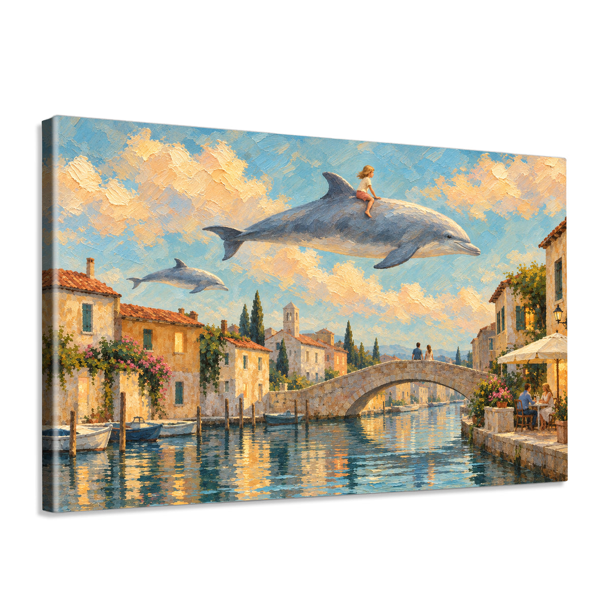 INVIN ART Framed Canvas 100% Handpainted Oil Painting Sky Dolphins Above the Canal Wall Art