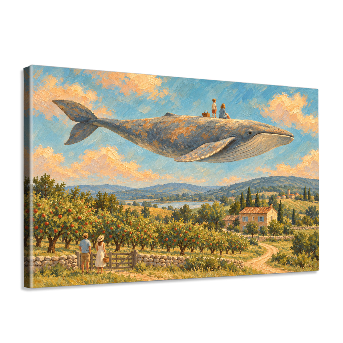 INVIN ART Framed Canvas 100% Handpainted Oil Painting Whale Above the Orchard Wall Art