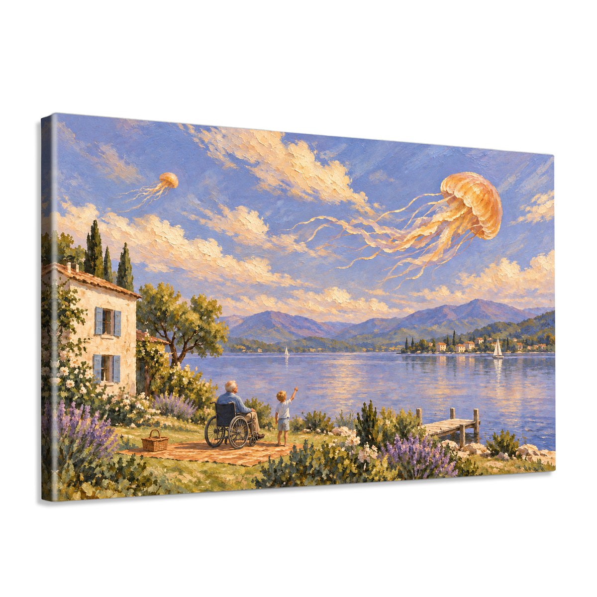 INVIN ART Framed Canvas 100% Handpainted Oil Painting Jellyfish Above the Lakeside Wall Art