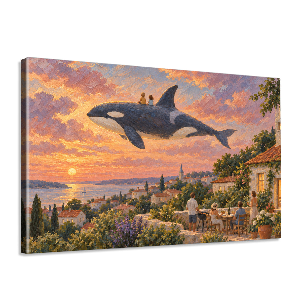 INVIN ART Framed Canvas 100% Handpainted Oil Painting Orca Above the Village Supper Wall Art