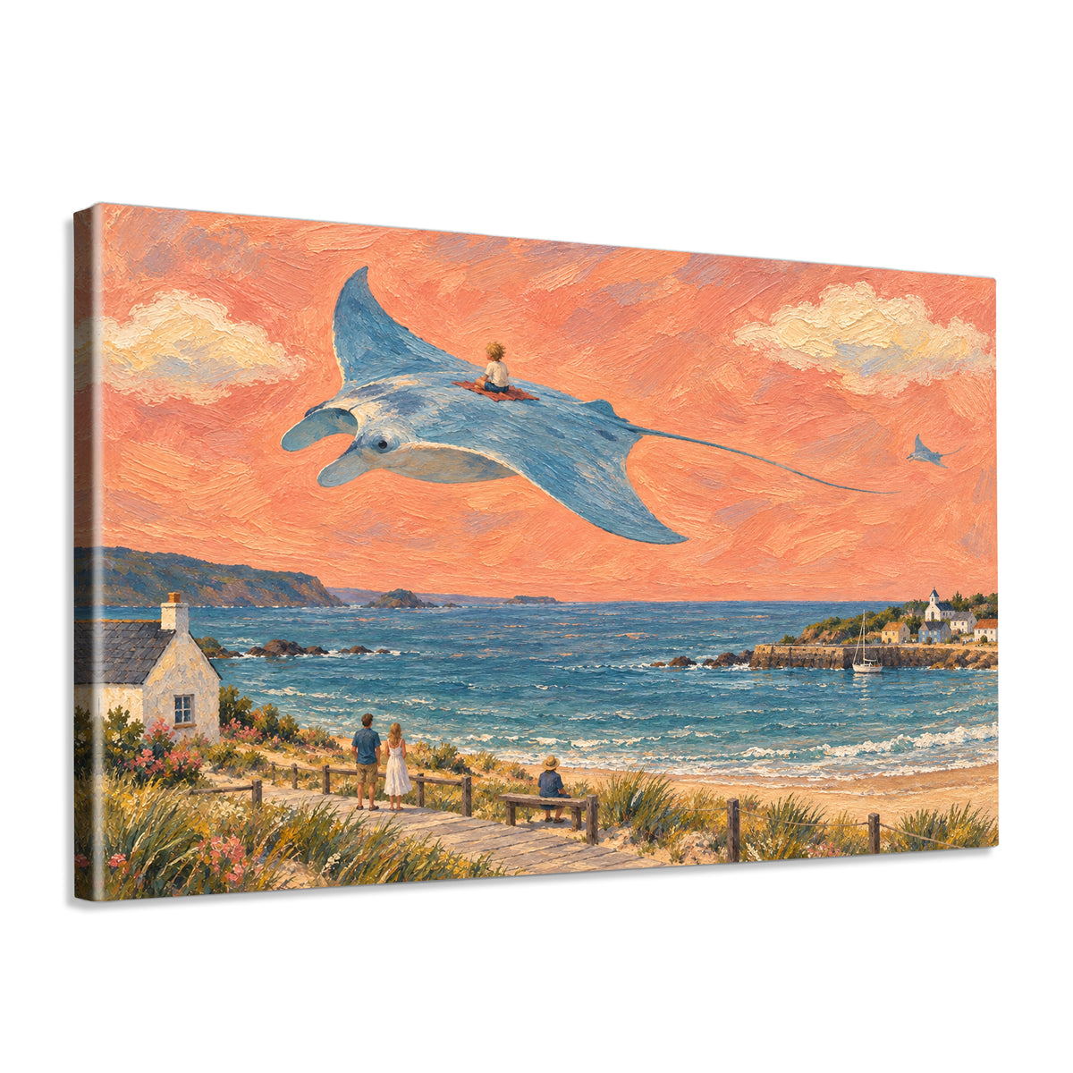 INVIN ART Framed Canvas 100% Handpainted Oil Painting Manta Ray Above the Bay Wall Art