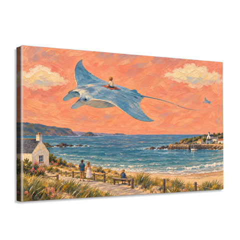INVIN ART Framed Canvas 100% Handpainted Oil Painting Manta Ray Above the Bay Wall Art