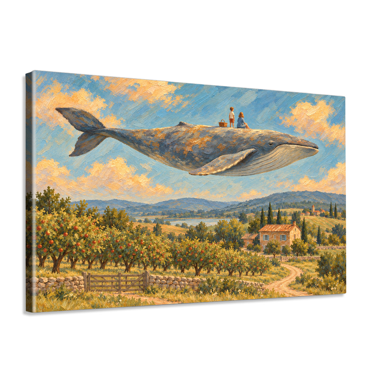 INVIN ART Framed Canvas 100% Handpainted Oil Painting Whale Above the Orchard Picnic Wall Art