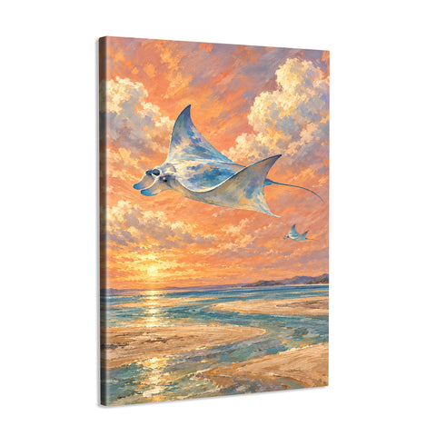 INVIN ART Framed Canvas 100% Handpainted Oil Painting Manta Rays in the Sunset Sky Wall Art