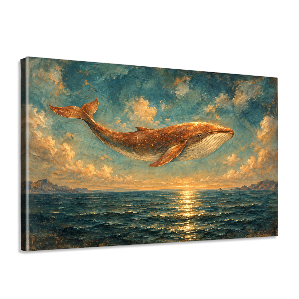 INVIN ART Framed Canvas 100% Handpainted Oil Painting Copper Whale Above the Sea Wall Art