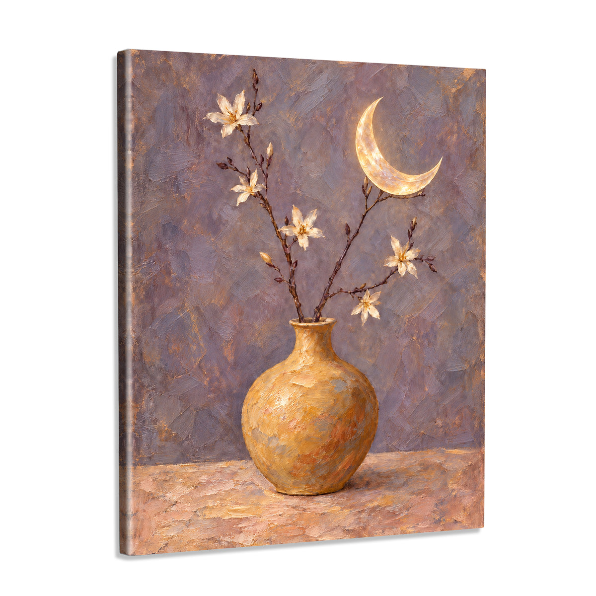 INVIN ART Framed Canvas 100% Handpainted Oil Painting Golden Moon and Flower Vase Wall Art